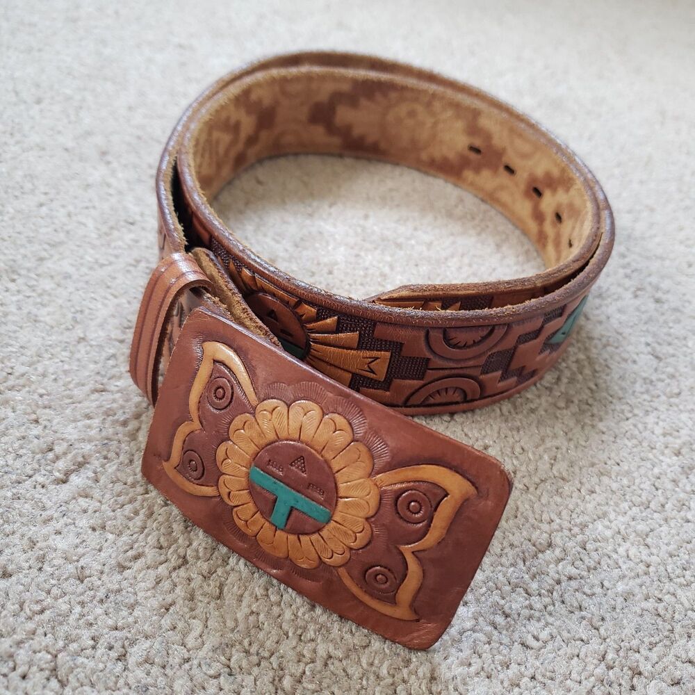 Vintage Chambers Phoenix Arizona Hand Painted And Tooled Leather Belt Size 36